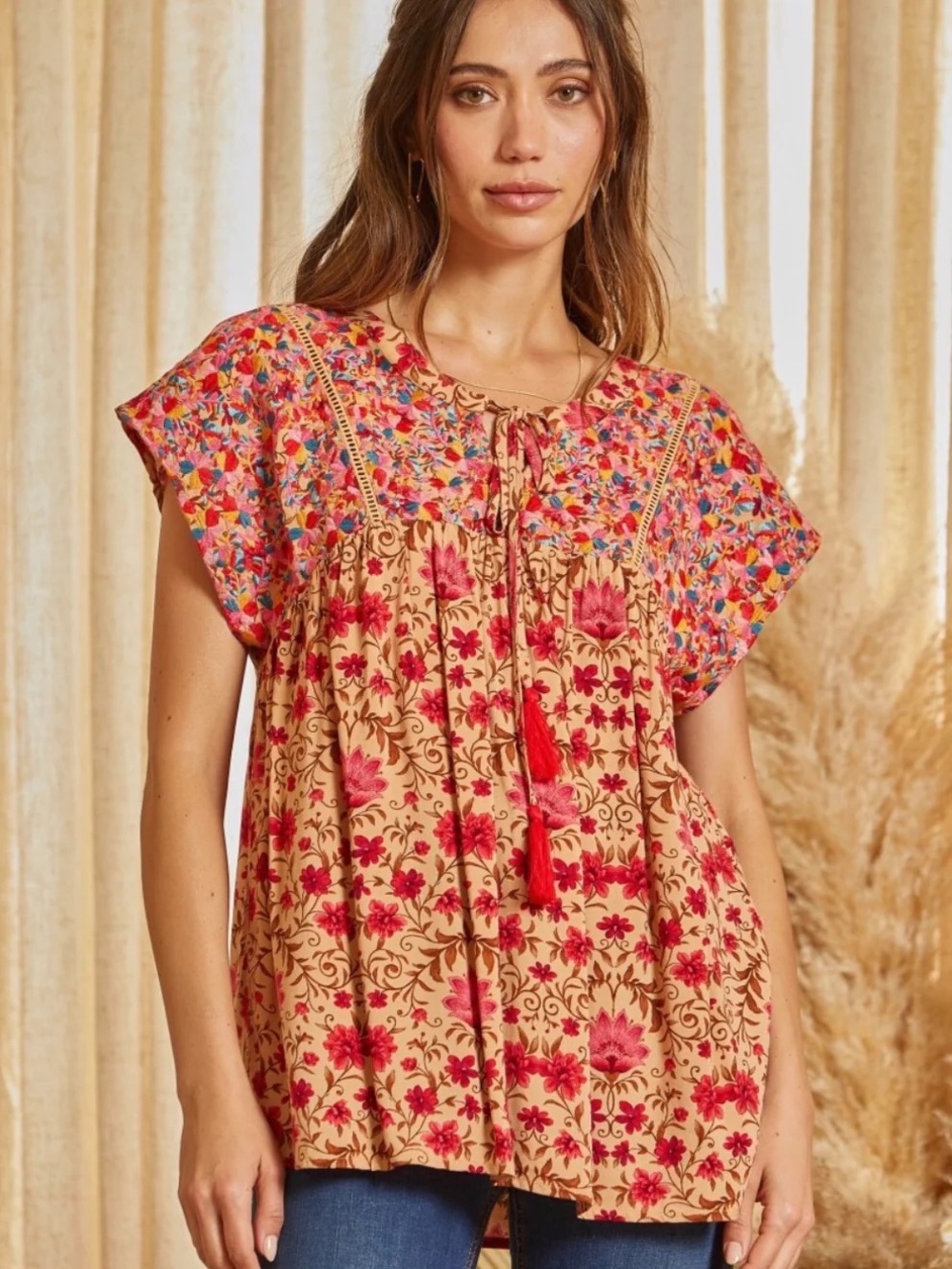 Savanna Jane Floral Embroidered Tie-Front Tunic in Pink and Tan